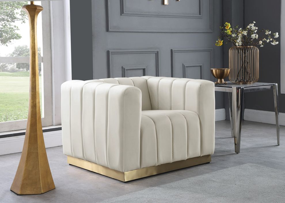 Low-profile contemporary velvet chair in cream by Meridian
