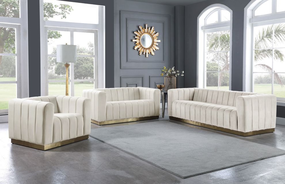Low-profile contemporary velvet sofa in cream by Meridian