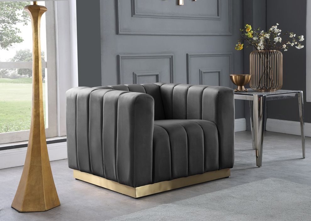 Low-profile contemporary velvet chair in gray by Meridian