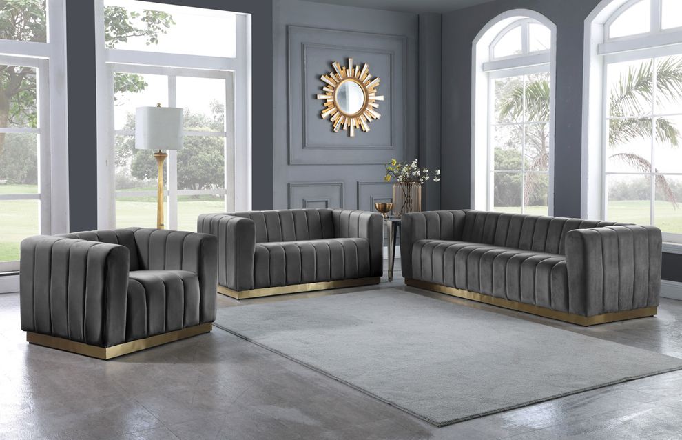 Low-profile contemporary velvet sofa in gray by Meridian