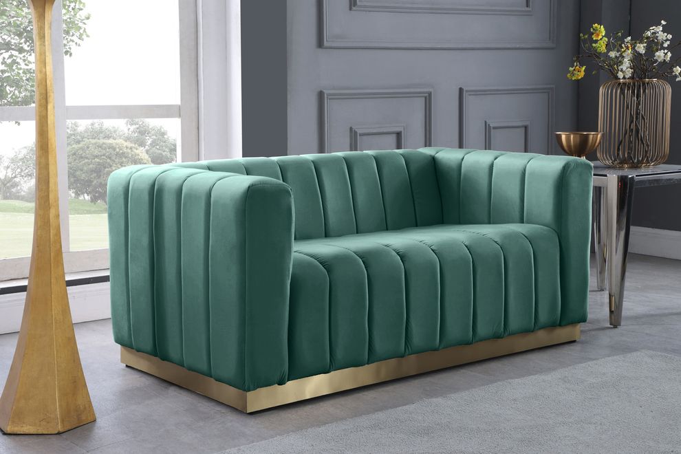 Low-profile contemporary velvet loveseat in mint by Meridian