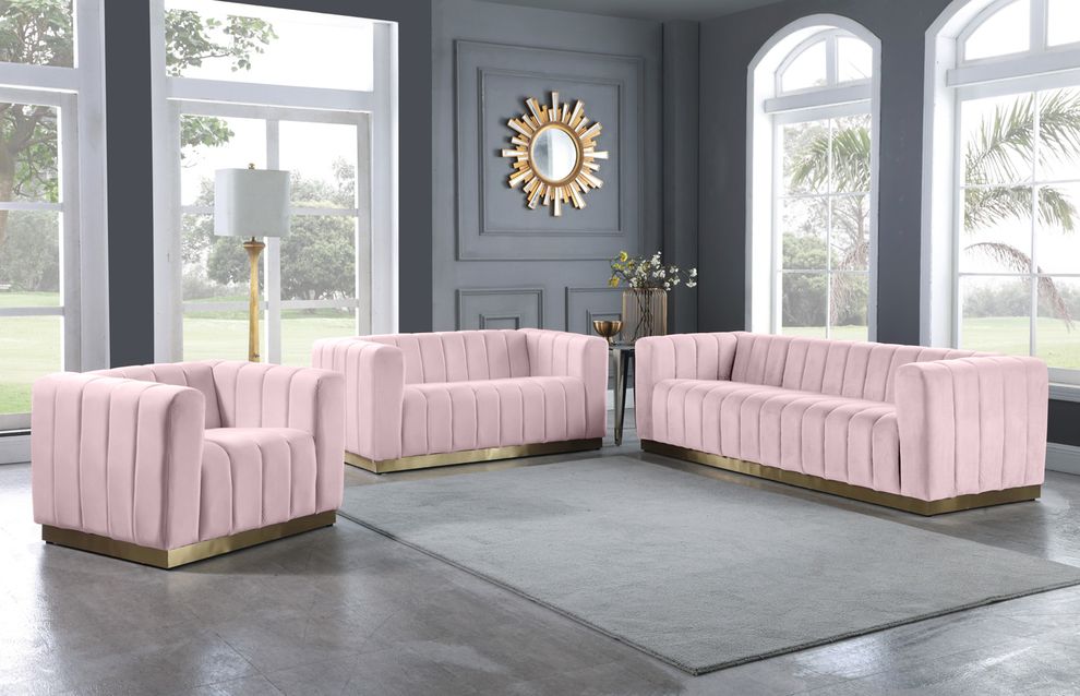 Low-profile contemporary velvet sofa in pink by Meridian