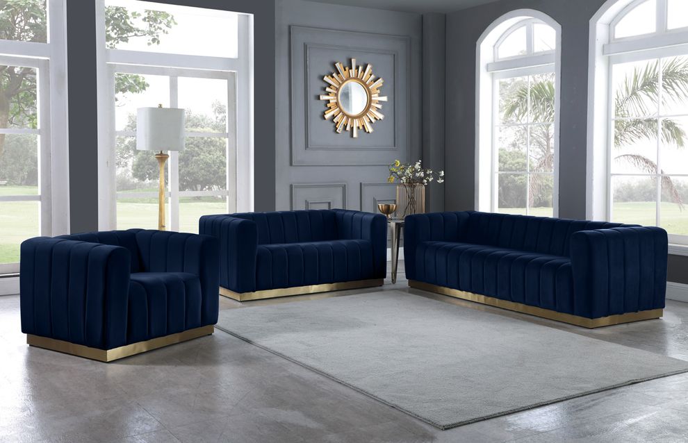 Low-profile contemporary velvet sofa in navy by Meridian
