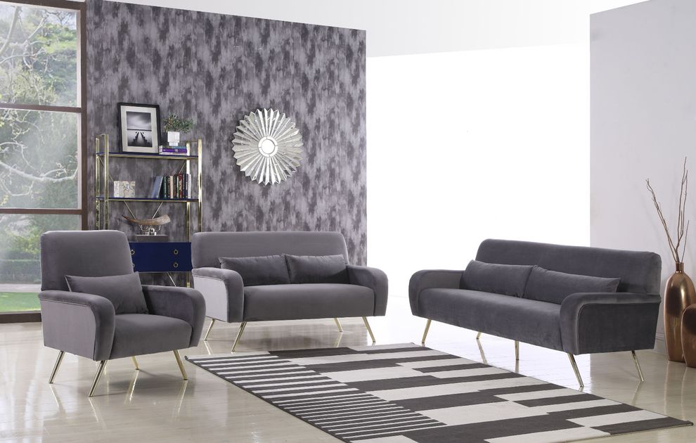 Gray velvet contemporary sofa w/ golden legs by Meridian