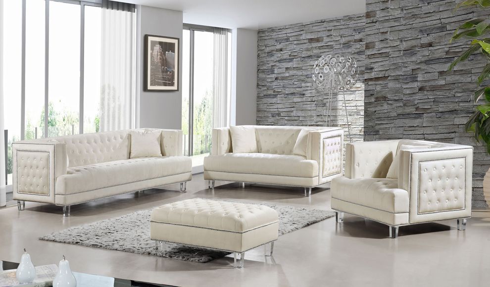 Contemporary style tufted cream velvet fabric sofa by Meridian