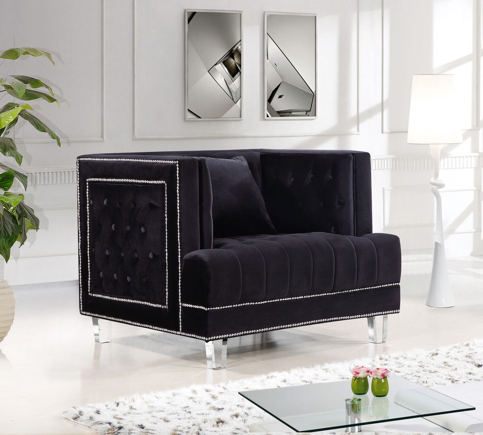 Contemporary style tufted black velvet fabric chair by Meridian