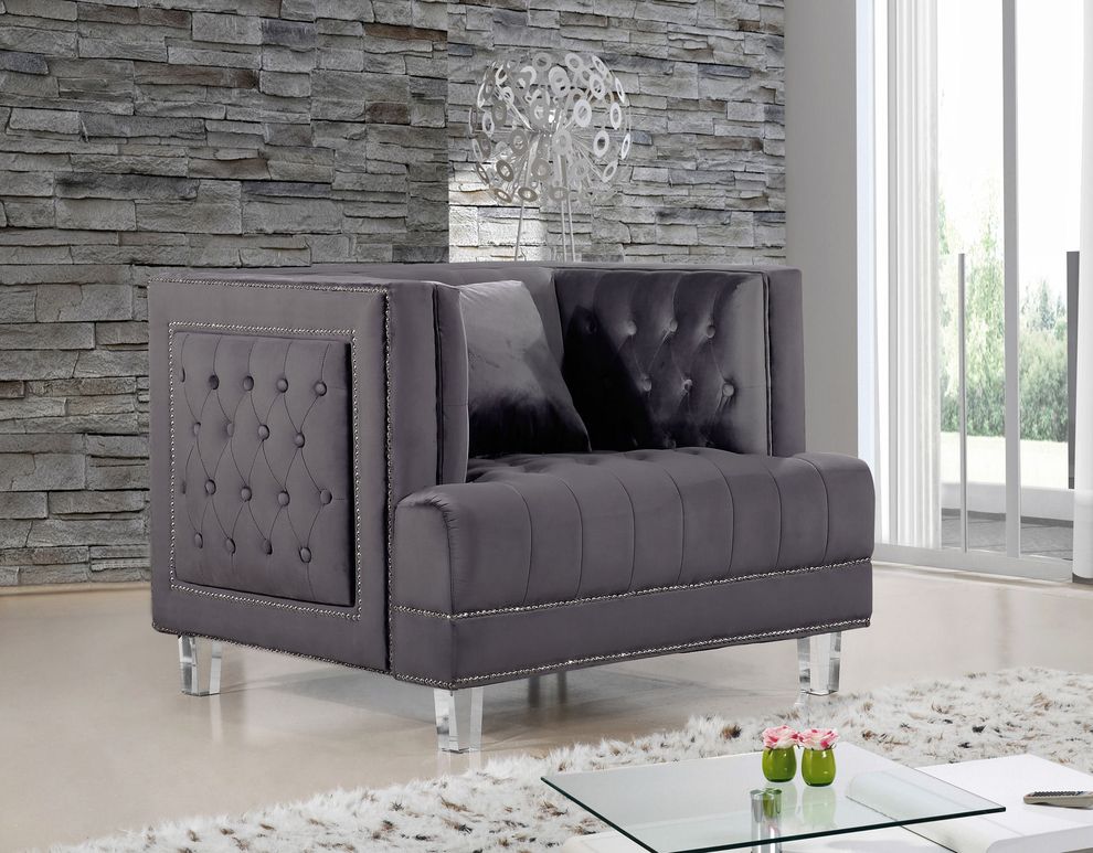 Contemporary style tufted gray velvet fabric chair by Meridian