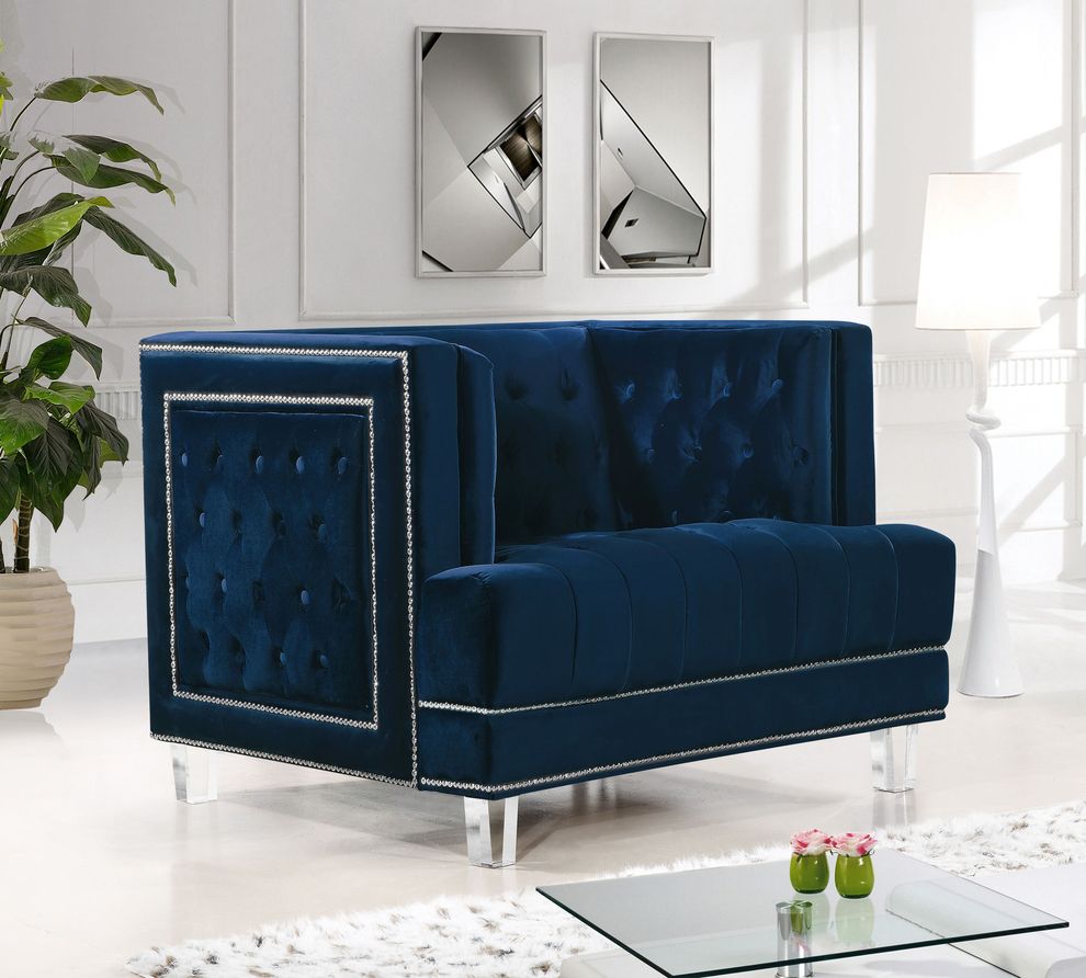 Contemporary style tufted navy velvet fabric chair by Meridian