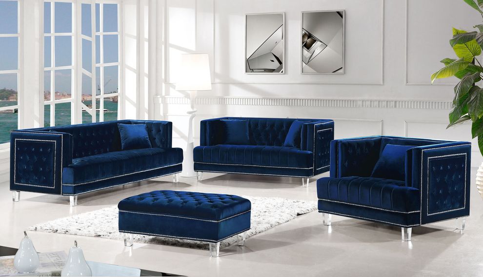 Contemporary style tufted navy velvet fabric sofa by Meridian
