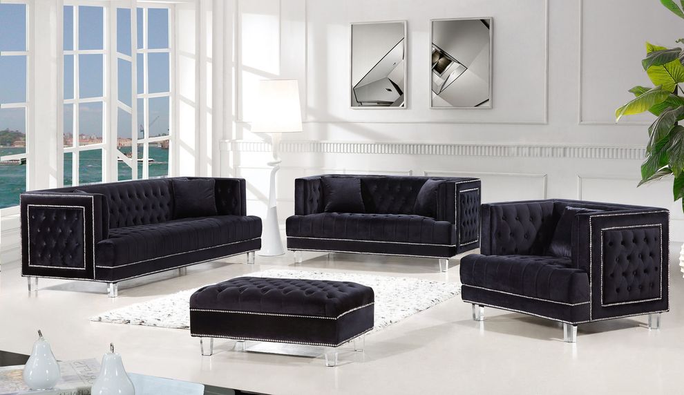 Contemporary style tufted black velvet fabric sofa by Meridian
