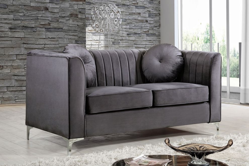 Tufted designer gray fabric loveseat by Meridian