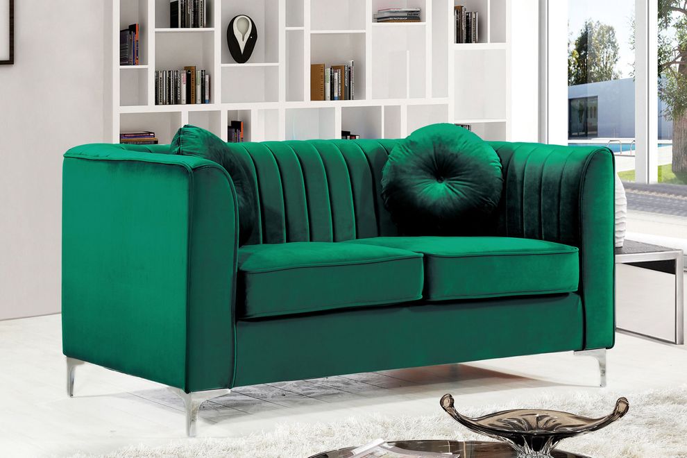 Tufted designer green fabric loveseat by Meridian