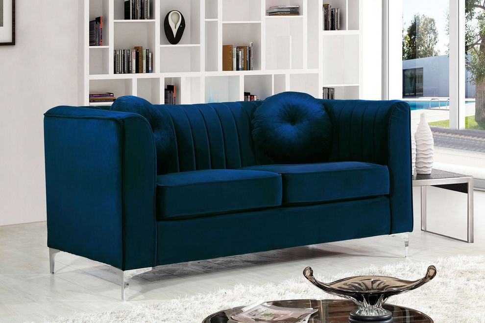 Tufted designer navy fabric loveseat by Meridian