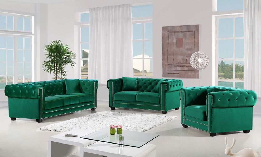 Modern green fabric tufted back sofa w/ rolled arms by Meridian
