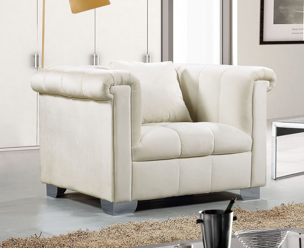 Cream velvet fabric tufted modern styled chair by Meridian