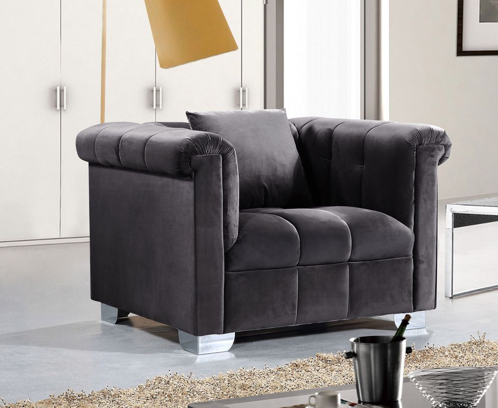 Gray velvet fabric tufted modern styled chair by Meridian