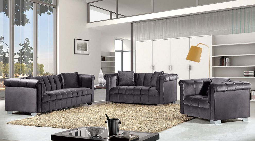 Gray velvet fabric tufted modern styled sofa by Meridian