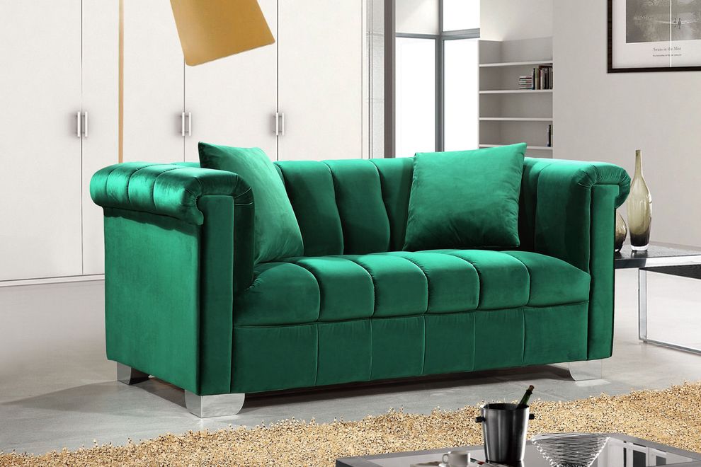 Green velvet fabric tufted modern styled loveseat by Meridian