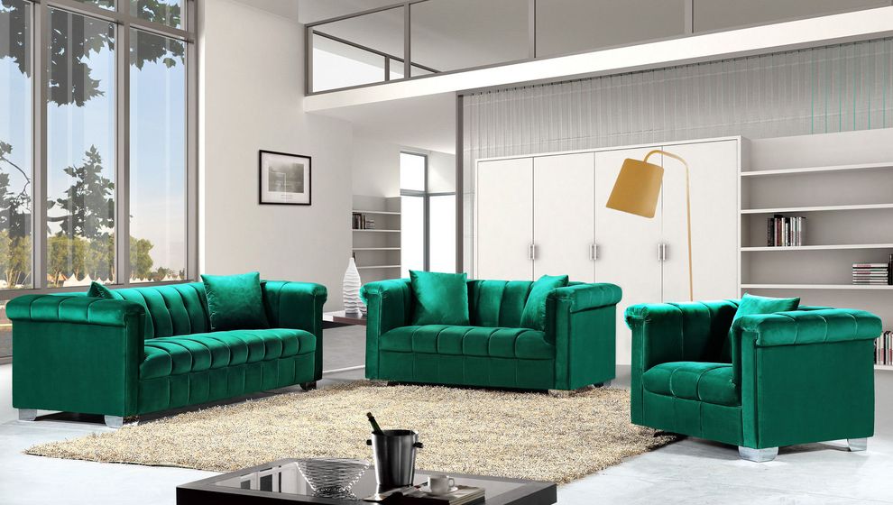 Green velvet fabric tufted modern styled sofa by Meridian