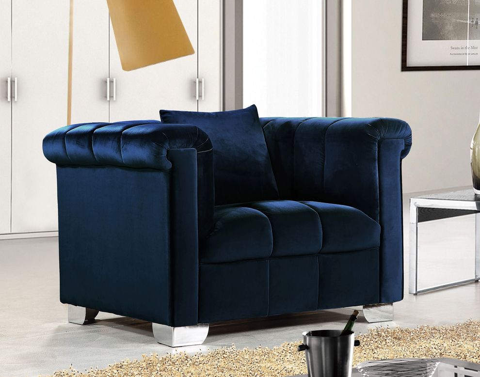 Navy velvet fabric tufted modern styled chair by Meridian