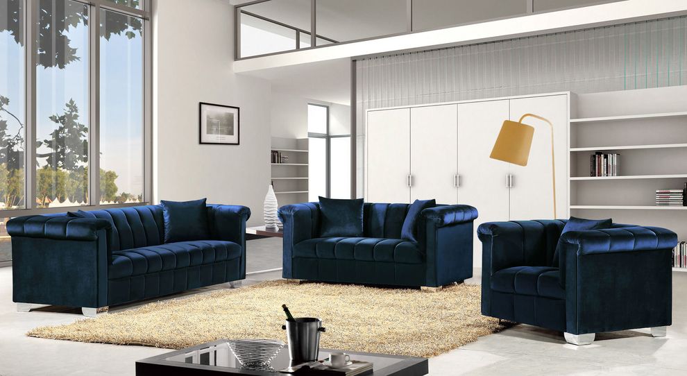 Navy velvet fabric tufted modern styled sofa by Meridian