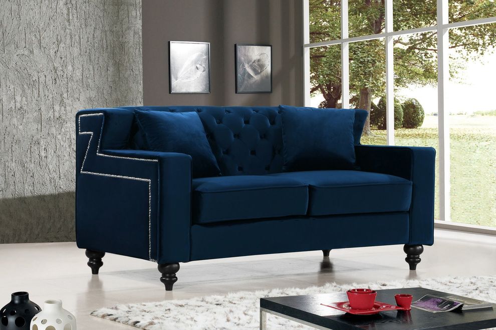 Tufted designer navy fabric loveseat by Meridian