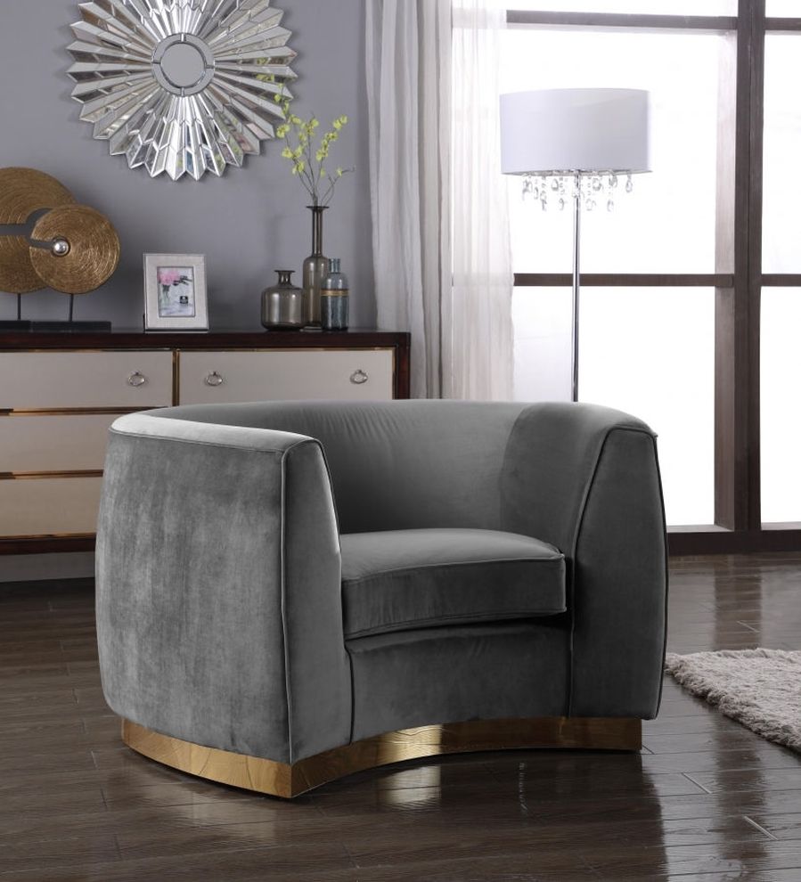 Gray velvet contemporary chair w/ curved base by Meridian