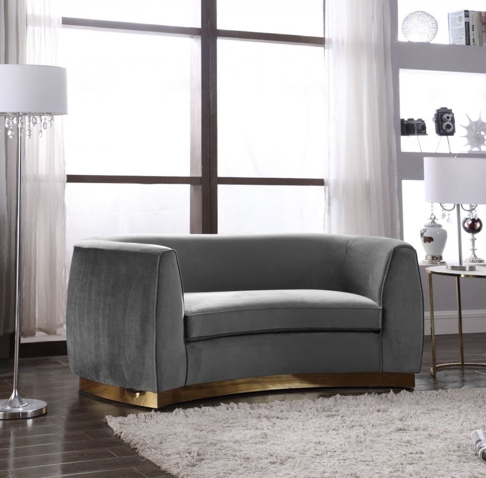 Gray velvet contemporary loveseat w/ curved base by Meridian
