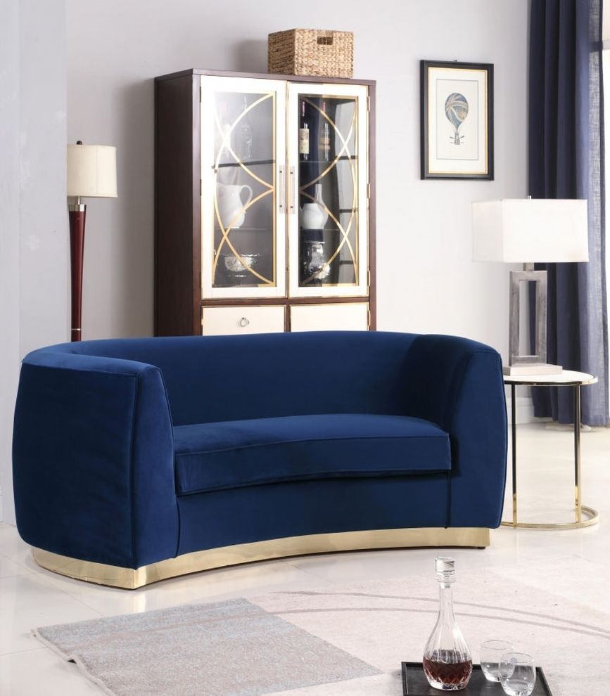 Navy velvet contemporary loveseat w/ curved base by Meridian