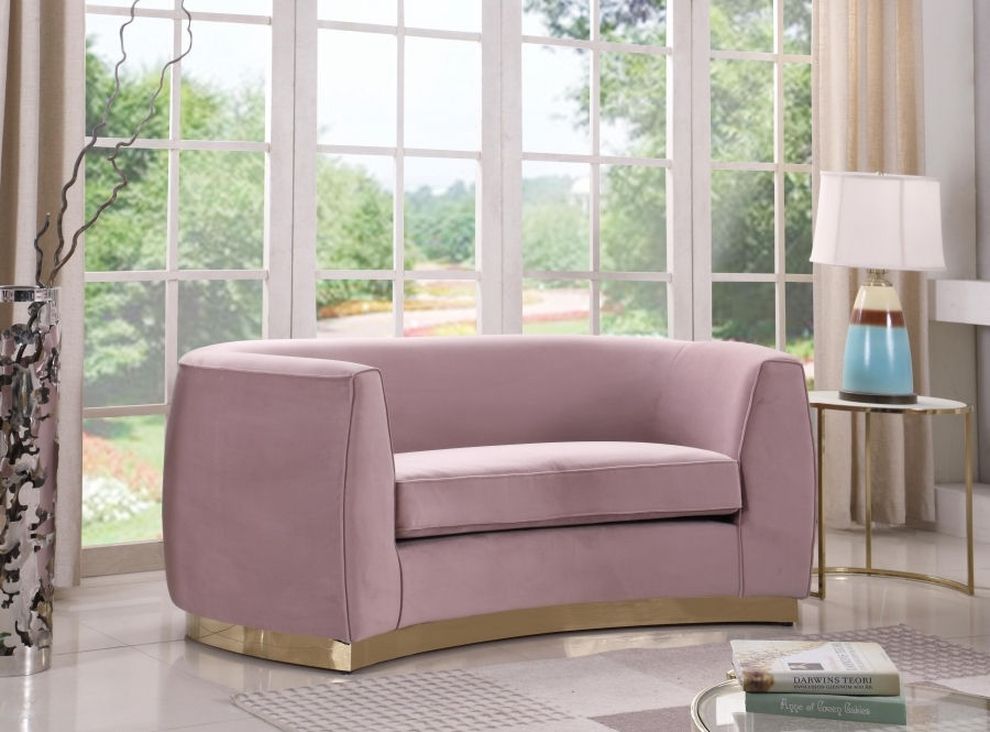 Pink velvet contemporary loveseat  w/ curved base by Meridian