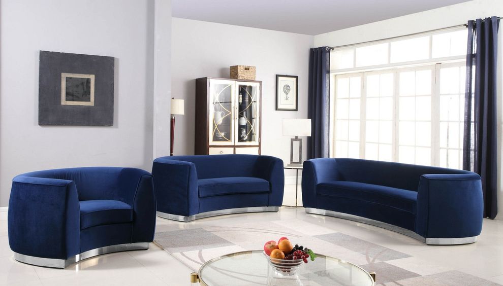 Navy velvet contemporary sofa w/ curved base by Meridian