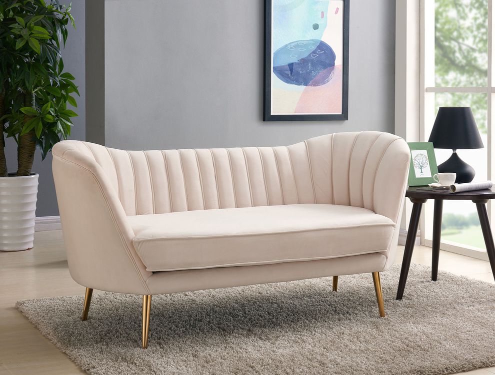 Curved velvet fabric loveseat w/ gold legs by Meridian