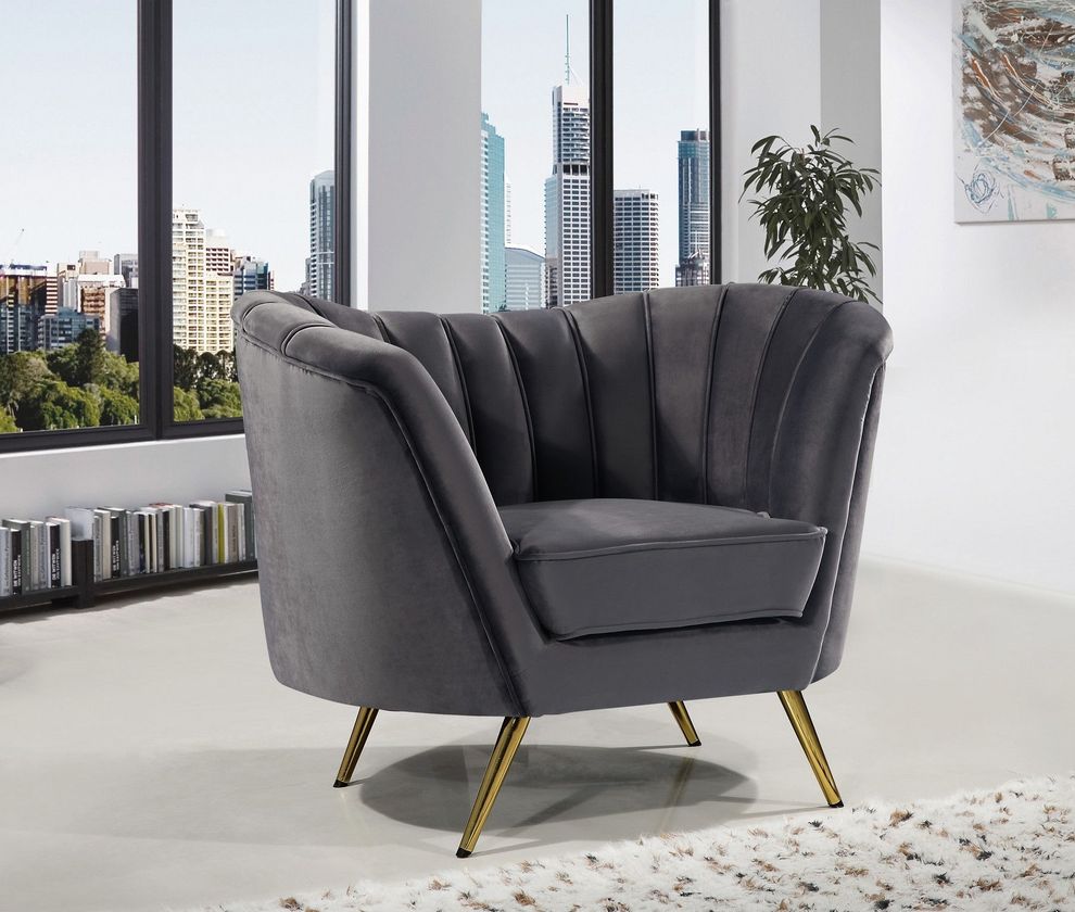 Curved velvet fabric chair w/ gold legs by Meridian