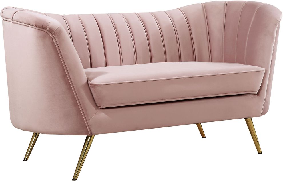 Curved pink velvet fabric loveseat w/ gold legs by Meridian