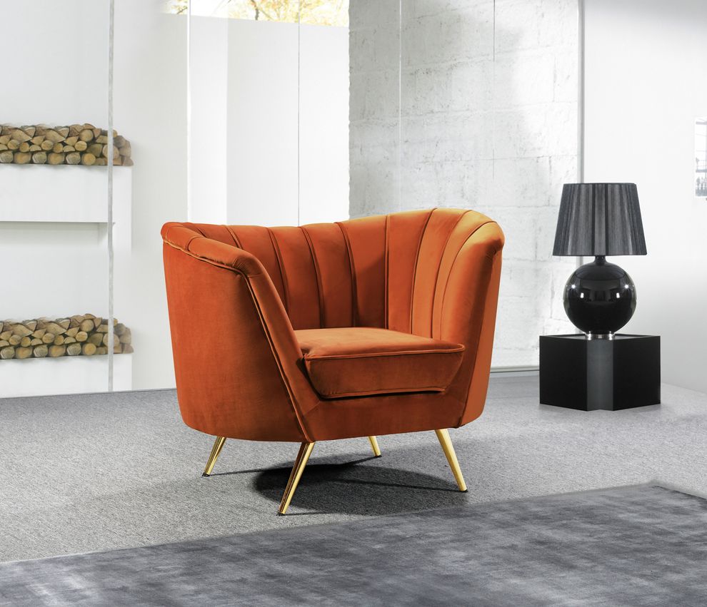 Curved orange cognac velvet fabric chair w/ gold legs by Meridian