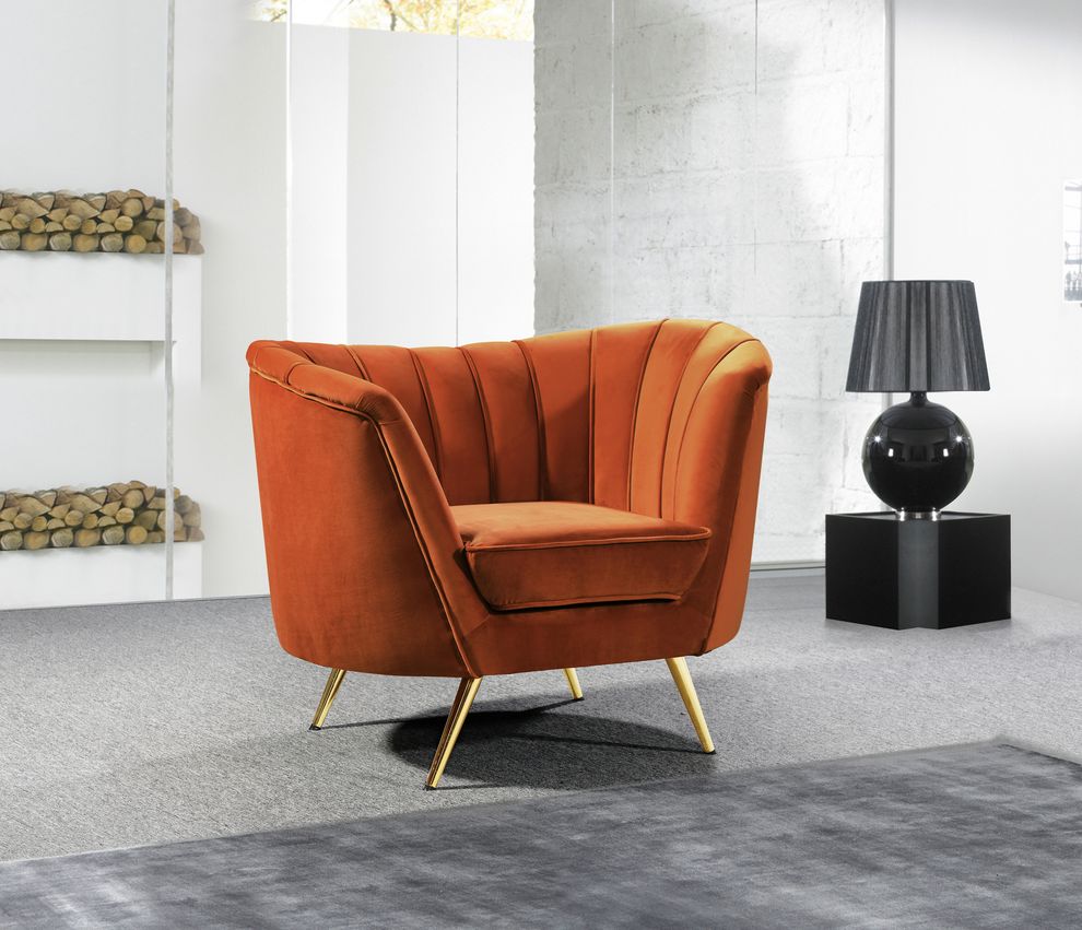 Curved orange cognac velvet fabric chair w/ gold legs by Meridian