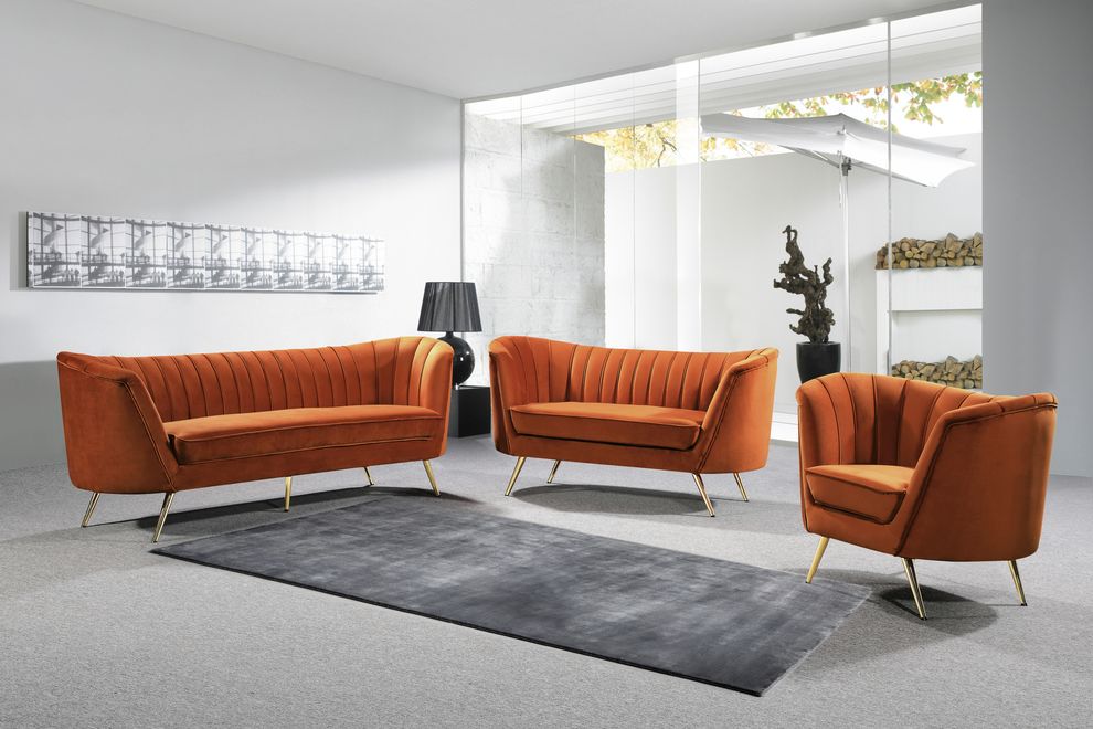 Curved orange cognac velvet fabric sofa w/ gold legs by Meridian
