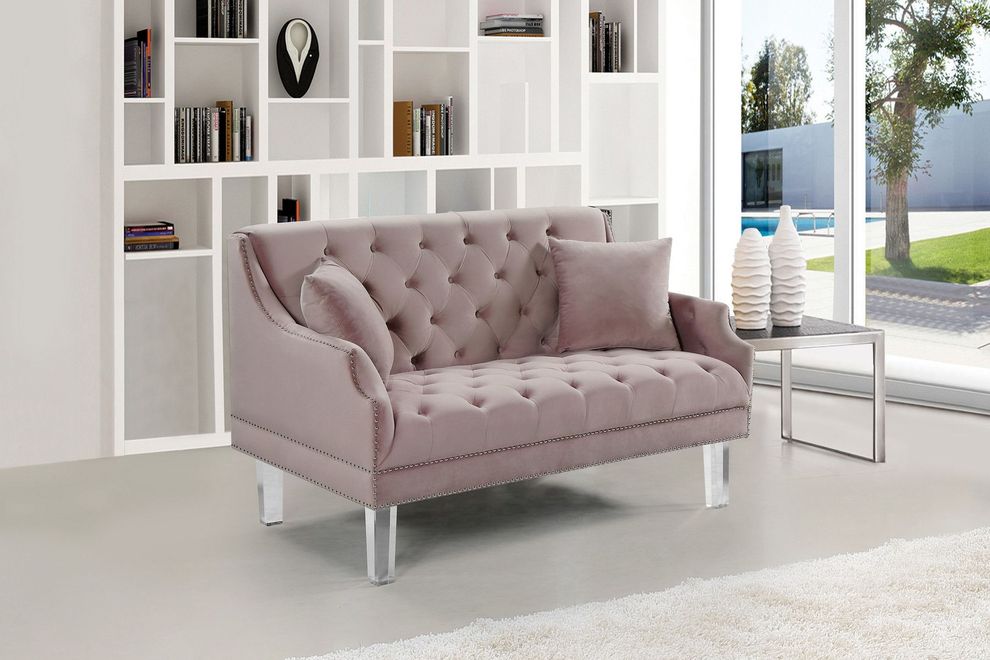 Acrylic legs / pink velvet / tufted contemporary loveseat by Meridian