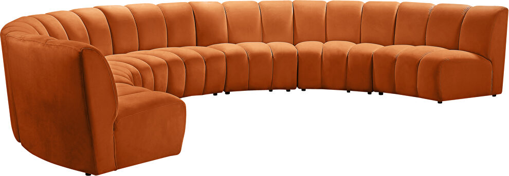 7pcs cognac orange velvet modular sectional sofa by Meridian