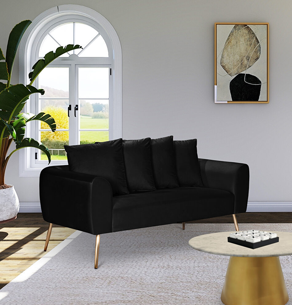 Simple casual style black velvet loveseat w/ gold legs by Meridian