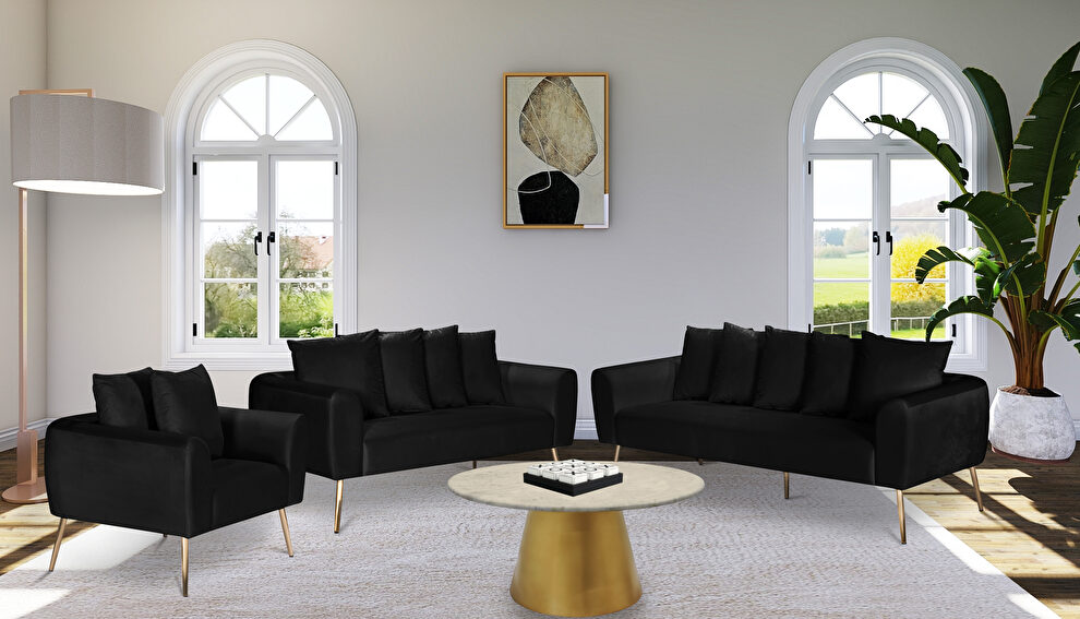 Simple casual style black velvet sofa w/ gold legs by Meridian