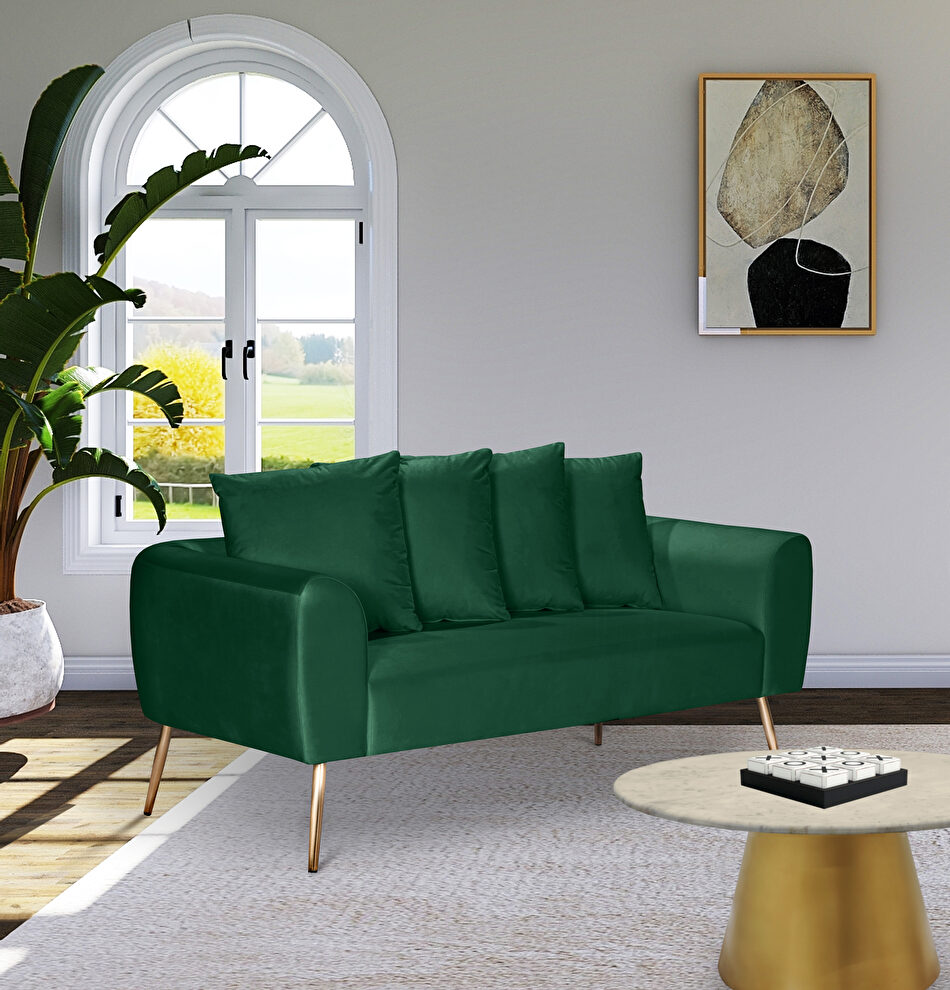 Simple casual style green velvet loveseat w/ gold legs by Meridian