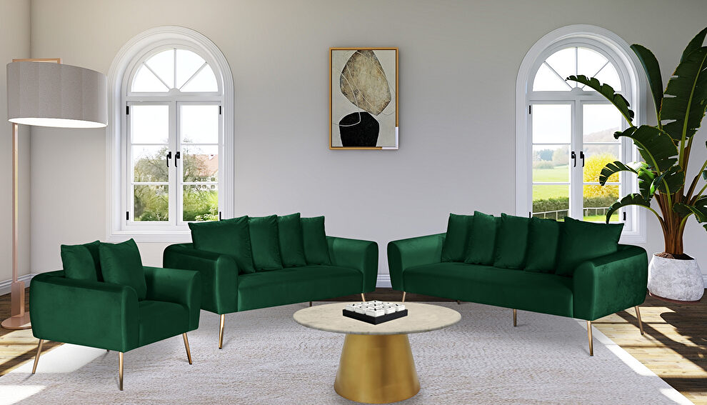 Simple casual style green velvet sofa w/ gold legs by Meridian