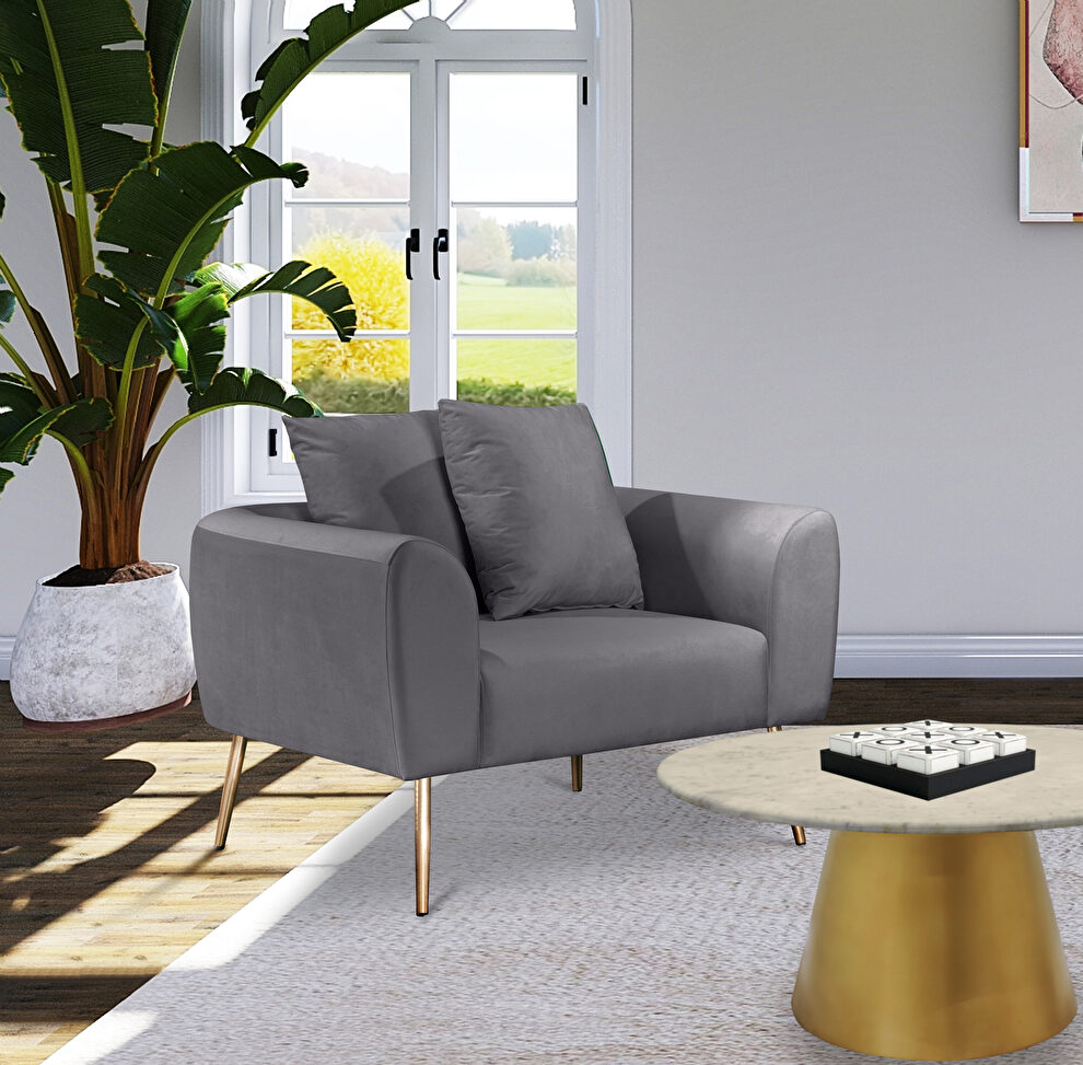 Simple casual style gray velvet chair w/ gold legs by Meridian