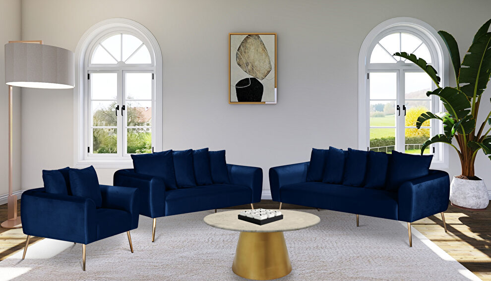 Simple casual style navy velvet sofa w/ gold legs by Meridian