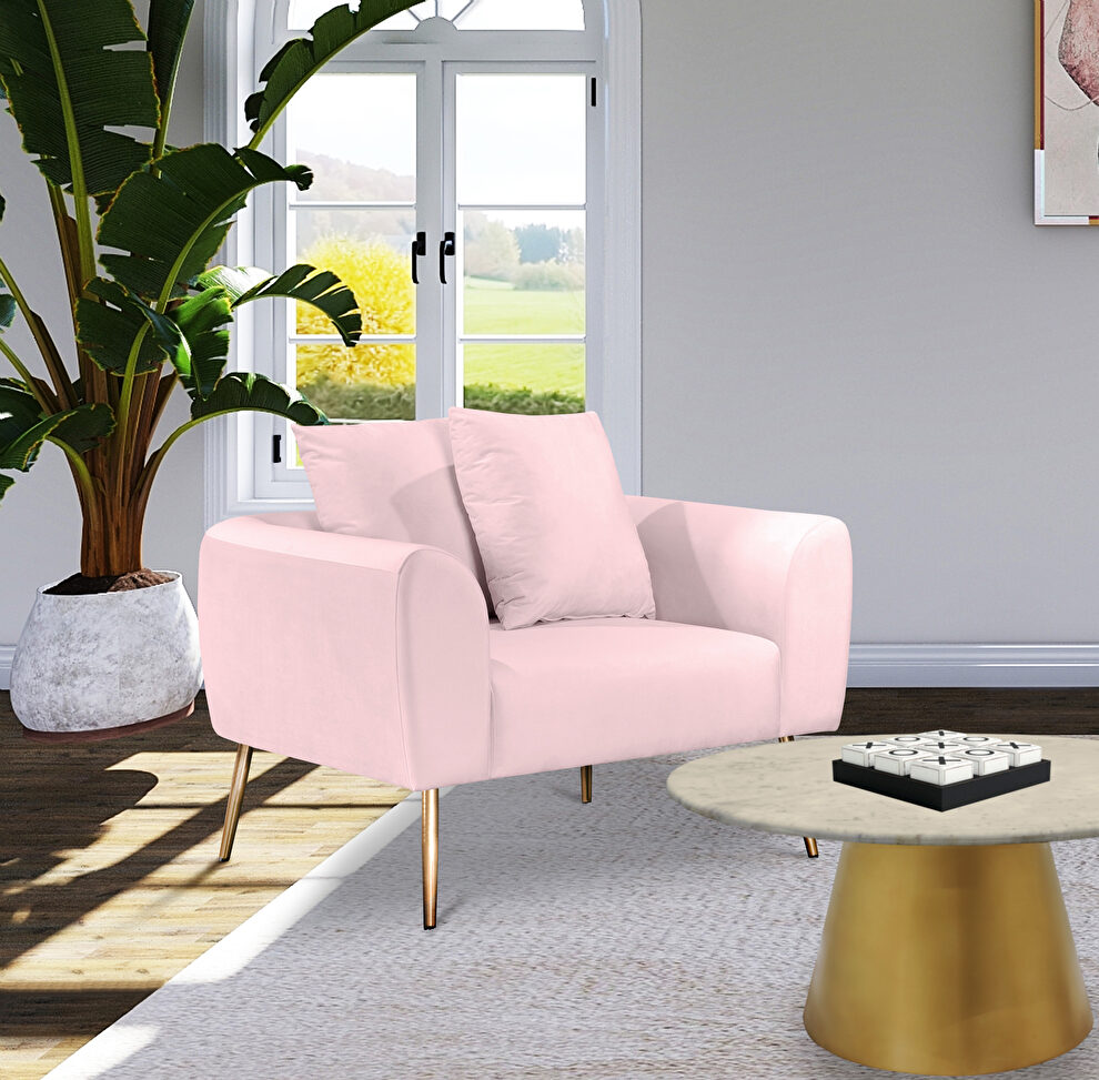 Simple casual style pink velvet chair w/ gold legs by Meridian