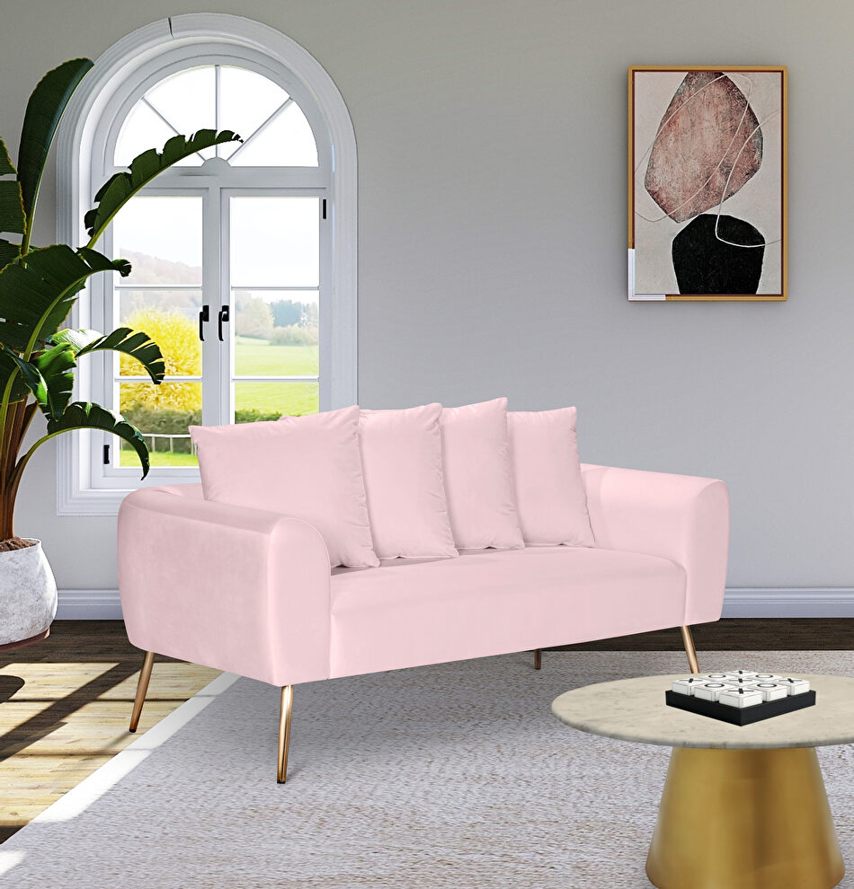 Simple casual style pink velvet loveseat w/ gold legs by Meridian