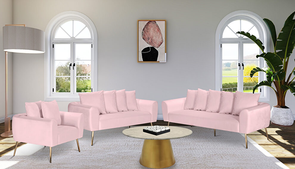 Simple casual style pink velvet sofa w/ gold legs by Meridian