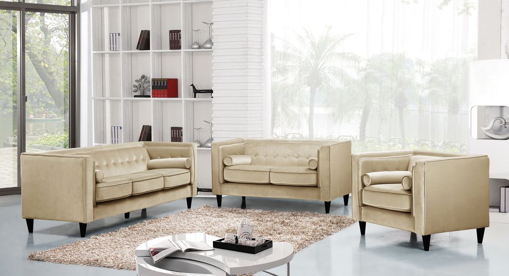 Tufted design beige velvet fabric contemporary sofa by Meridian