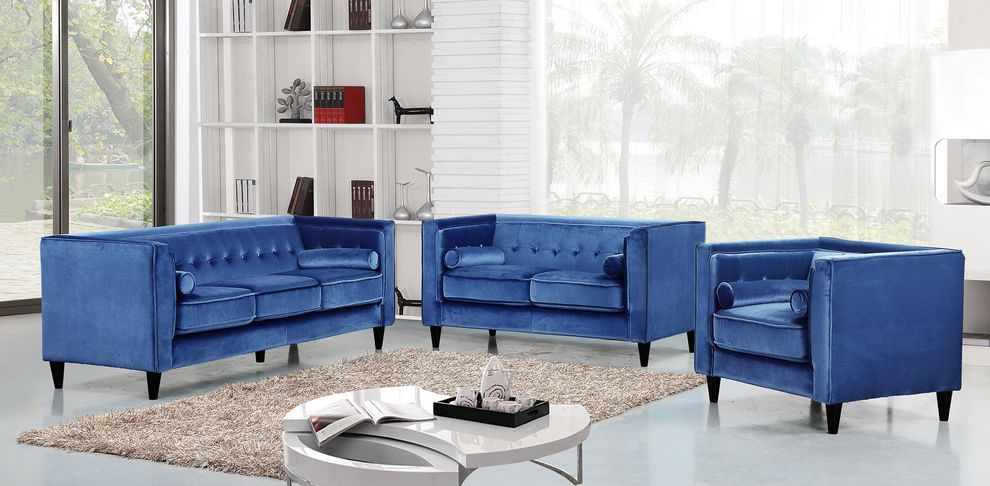 Tufted design blue velvet fabric contemporary sofa by Meridian